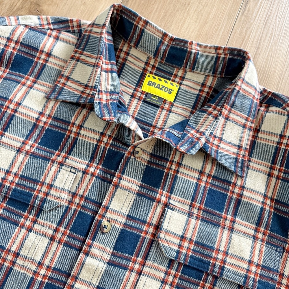 Men's Work Shirt 2XL Flannel‎ Plaid Blue Heavyweight Pockets Brazos Blacksmith
